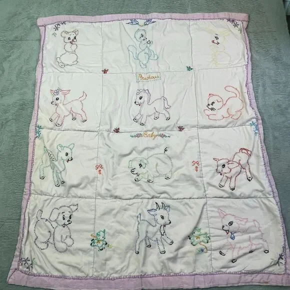 Vintage Baby Quilt Hand Embroidered Animals Pastel Crib Blanket Handmade 36x30 - Picture 7 of 16